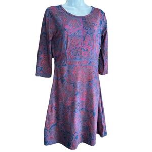 Title Nine Dress Dream Womens S Red Blue Paisley 3/4 Sleeve Stretch Fit Flare